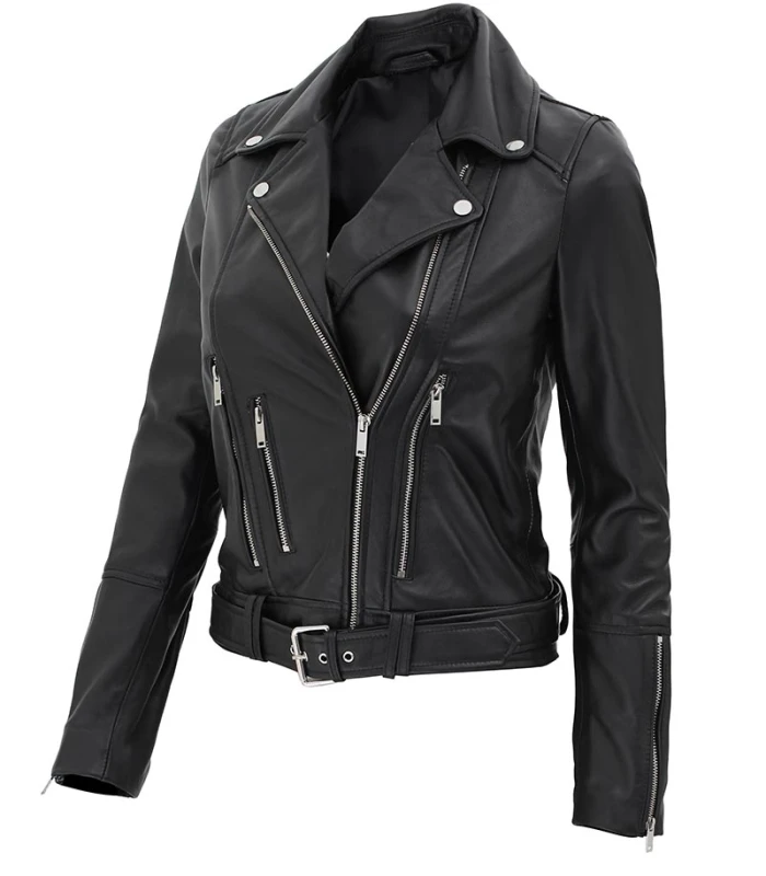 elisa black asymmetrical motorcycle leather jacket women