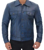 fernando mens distressed blue trucker leather jacket