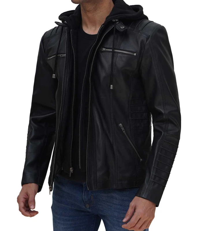 helen mens black leather jacket with hood
