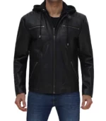 helen mens black leather jacket with hood