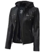 helen womens black leather jacket with removable hood