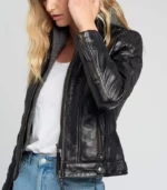 hooded leather jacket women black