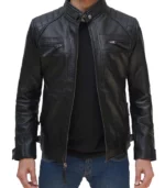 johnson mens black leather jacket with removable hood