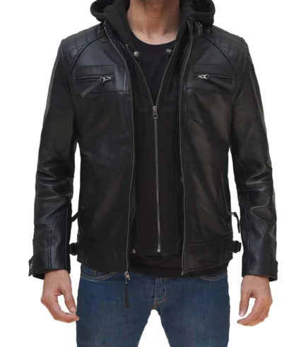johnson mens black leather jacket with removable hood