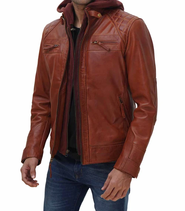 johnson mens brown leather jacket with removable hood