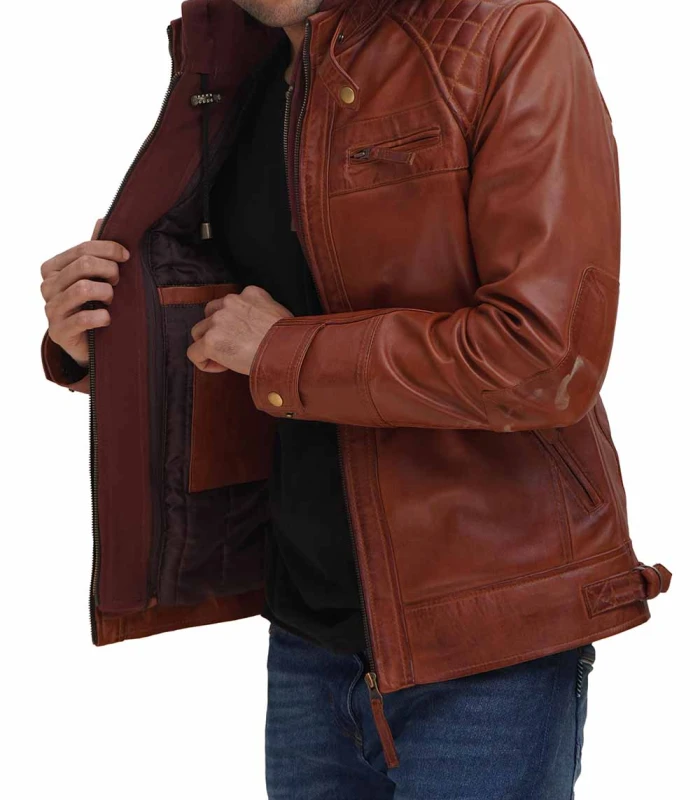 johnson mens brown leather jacket with removable hood