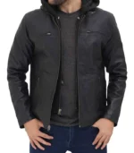 jonathan black leather jacket with hood mens