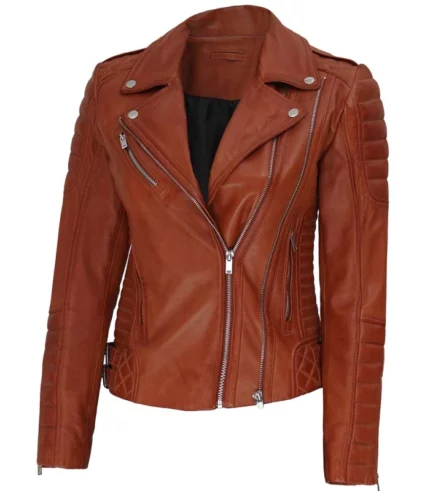 lucille womens tan brown asymmetrical motorcycle leather jacket