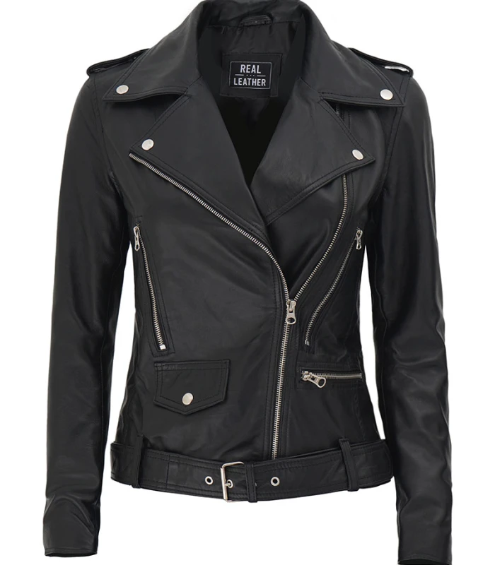 marcella asymmetrical black leathe jacket for women