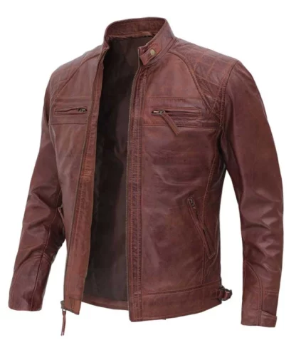 mens biker distressed brown quilted leather jacket