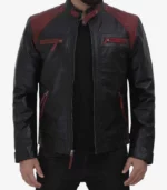 mens black and maroon quilted cafe racer leather jacket