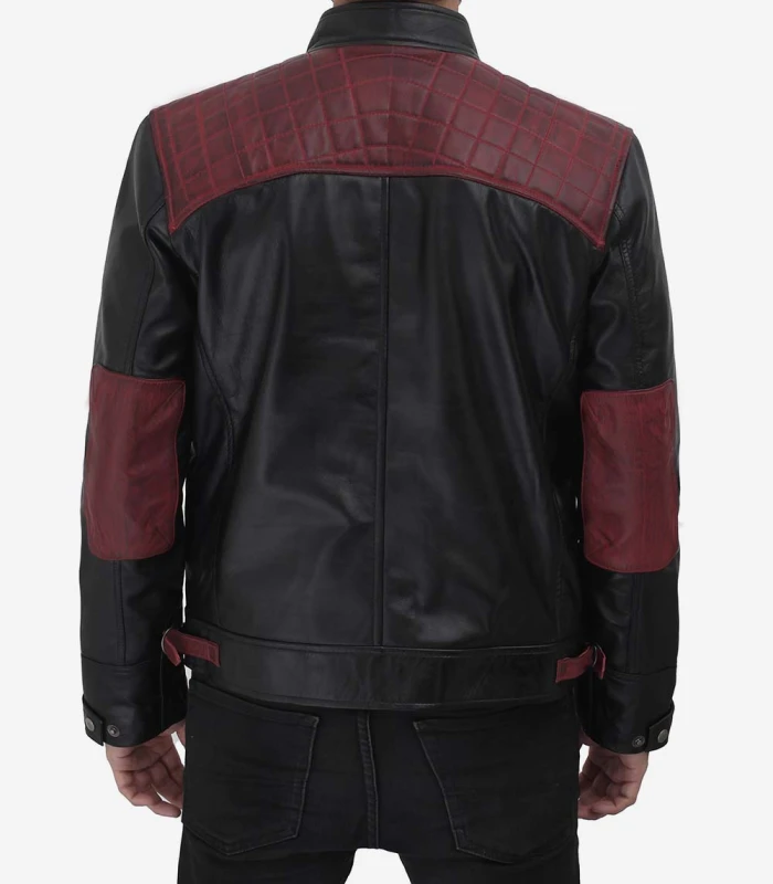 mens black and maroon quilted cafe racer leather jacket