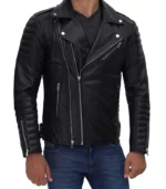 mens black asymmetrical quilted leather biker jacket