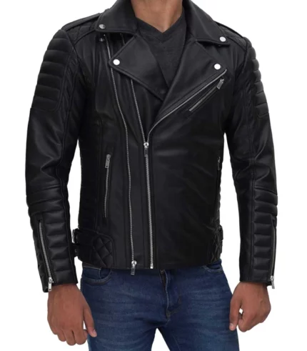 mens black asymmetrical quilted leather biker jacket
