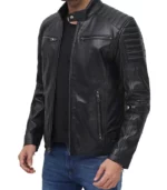 mens black cafe racer leather jacket with decorative padding