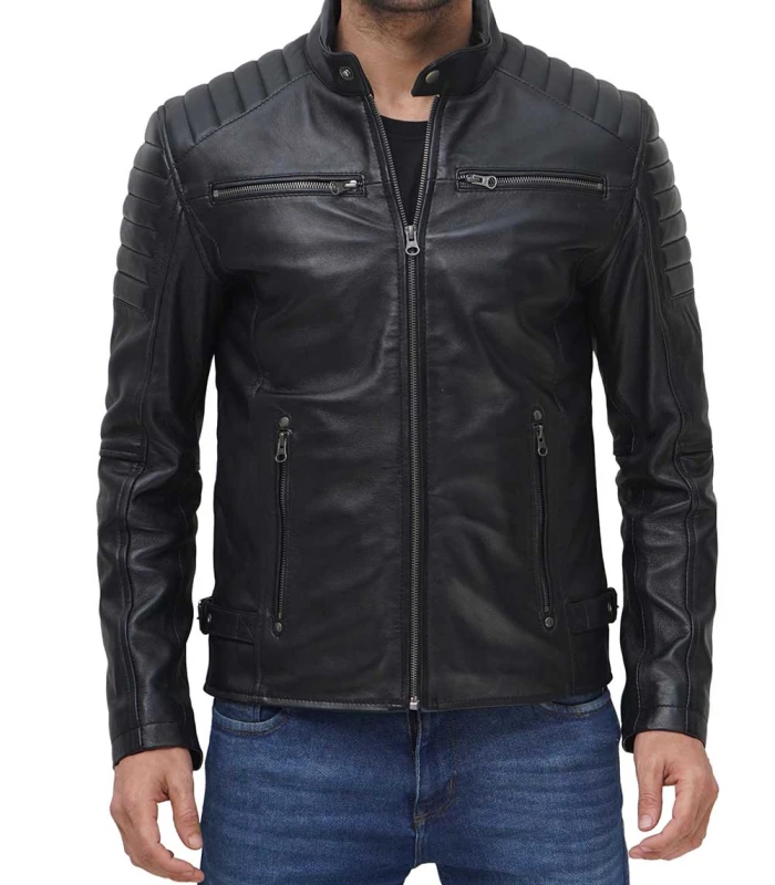 mens black cafe racer leather jacket with decorative padding