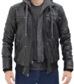 mens black leather bomber jacket with hood