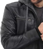 mens black leather bomber jacket with hood