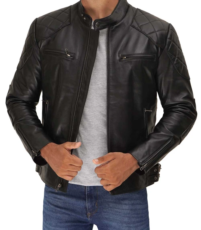 mens black leather cafe racer jacket