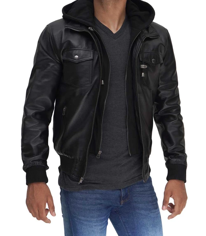 mens black leather jacket with removable hood