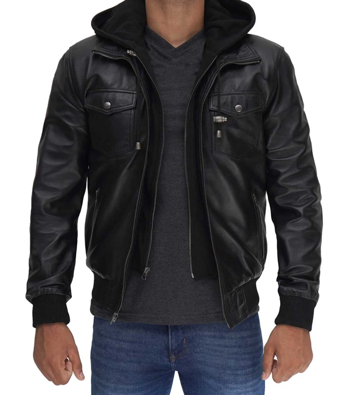 mens black leather jacket with removable hood