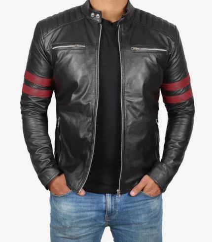 mens black quilted red stripe cafe racer leather motorcycle jacket