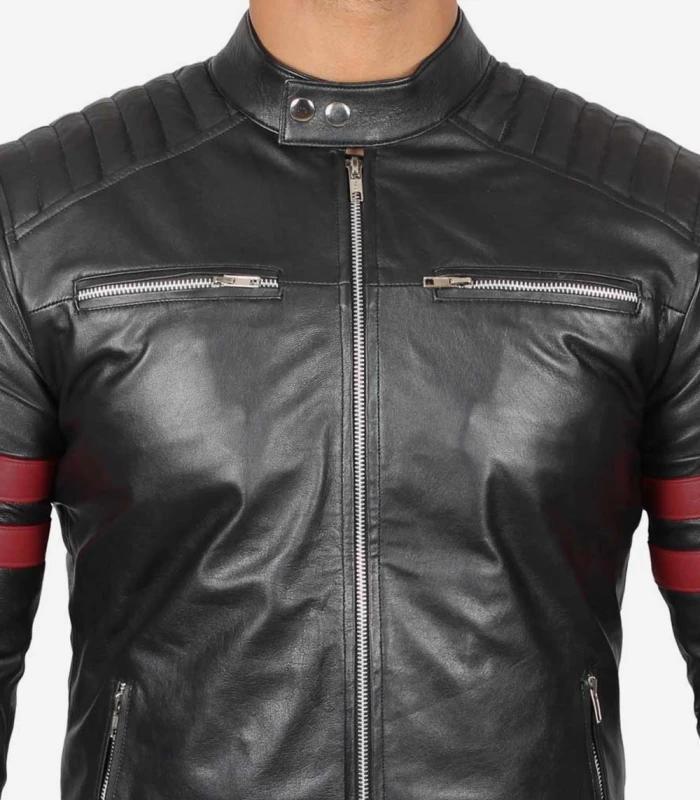 mens black quilted red stripe cafe racer leather motorcycle jacket