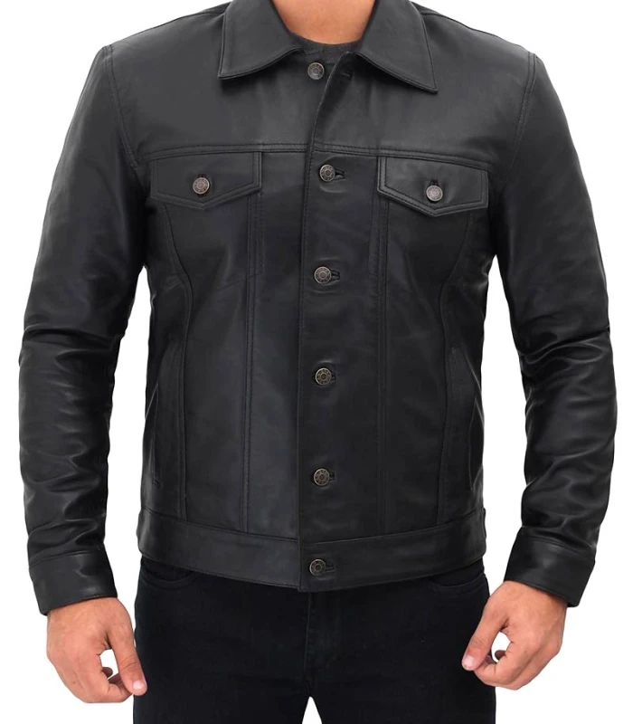 mens four pocket black leather trucker jacket
