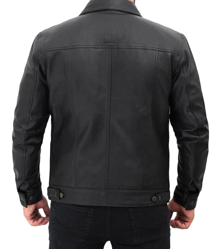 mens four pocket black leather trucker jacket
