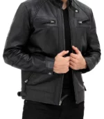 mens quilted leather black cafe racer jacket