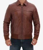 mens tan shirt collar leather bomber jacket