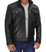 moffit mens black leather biker jacket