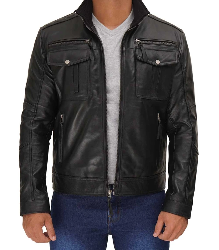 moffit mens black leather biker jacket