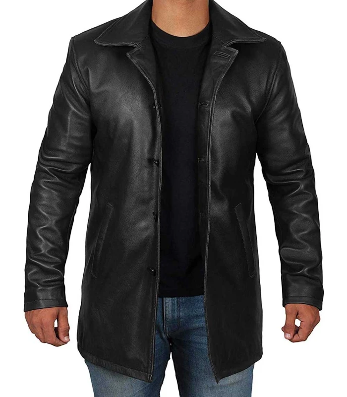 natural real 3 quarter length black leather coat mens
