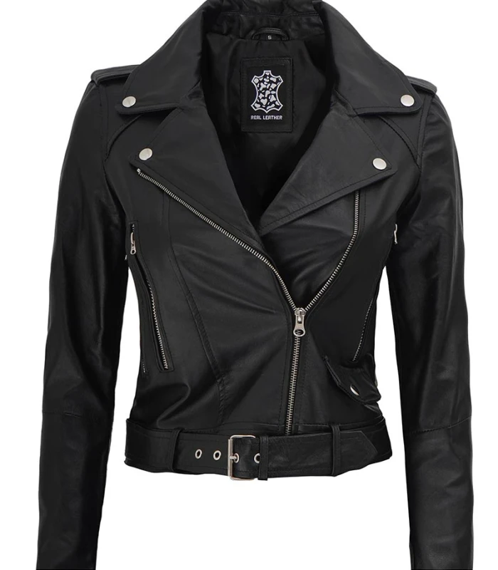 nellie black asymmetrical cropped leather jacket womens