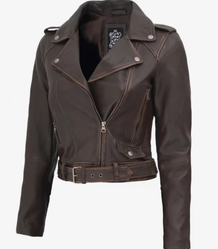 nellie cropped dark brown distressed leather jacket women