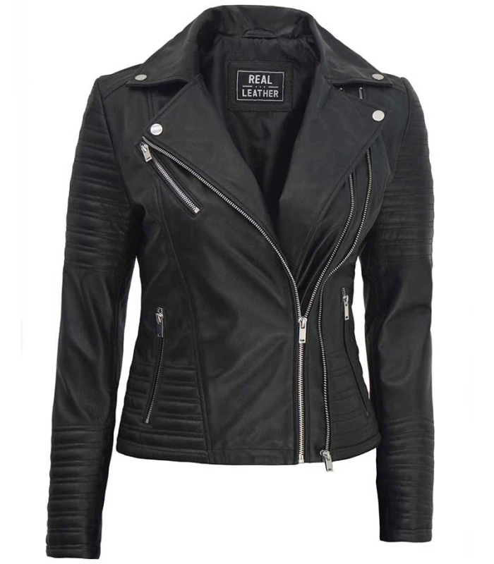 nicholle womens black asymmetrical biker leather jacket