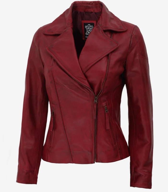 ramsey rust red asymmetrical motorcycle fitted leather jacket womens