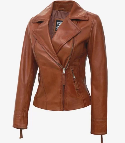ramsey tan slim fit asymmetrical leather biker jacket women