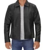 reeves black shirt collar vintage black leather jacket