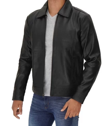 reeves black shirt collar vintage black leather jacket