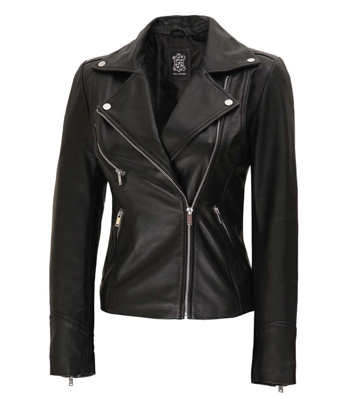 rita womens asymmetrical black leather moto jacket