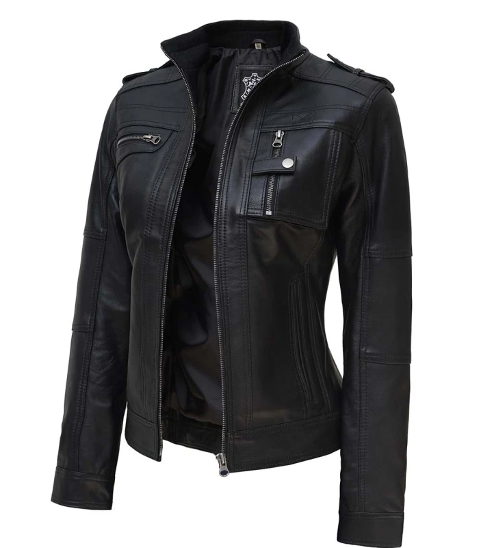 tavares womens black leather moto jacket
