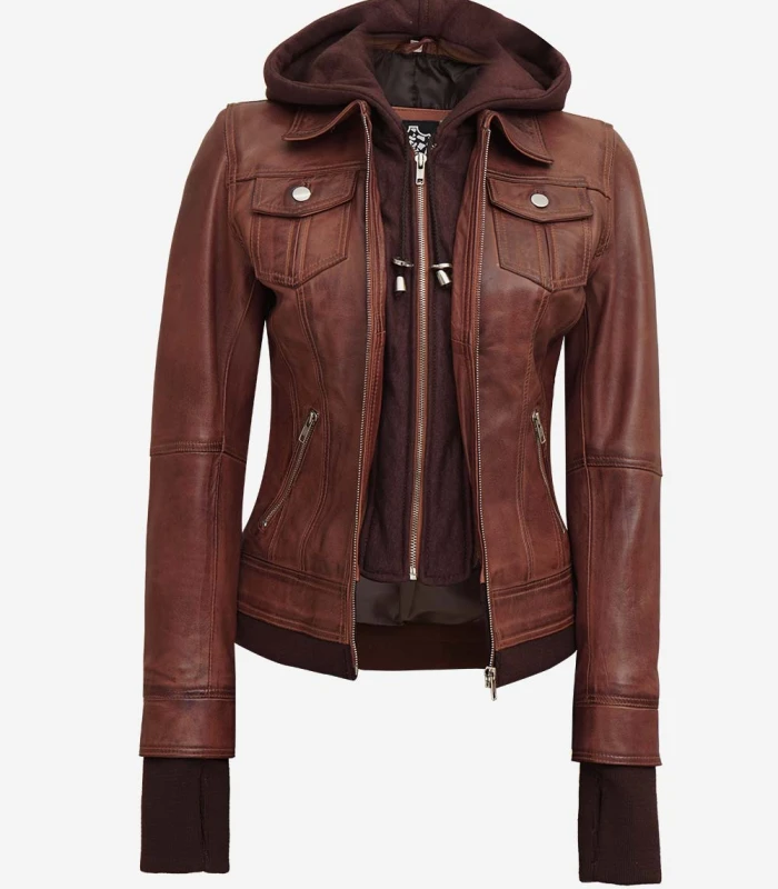 tralee dark brown bomber leather jacket with removable hood