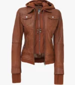 tralee tan bomber leather jacket with detachable hood