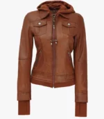 tralee tan bomber leather jacket with detachable hood
