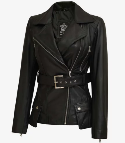victoria-womens asymmetrical black four pocket belted moto jacket