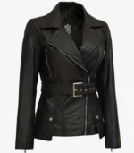 victoria-womens asymmetrical black four pocket belted moto jacket