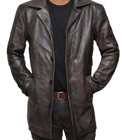 Brown Leather 3 4 Length Coat Mens