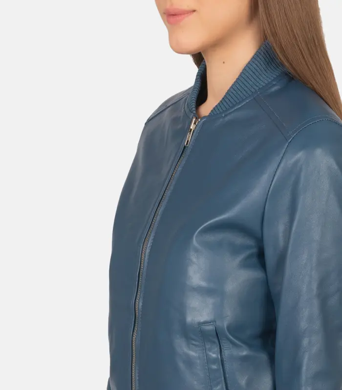 women 27s bliss blue leather bomber jacket